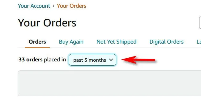 Giao diện &quot;Đơn hàng của bạn&quot; với tùy chọn bộ lọc thời gian &quot;Đặt hàng trong&quot; (Orders Placed In) trên Amazon.