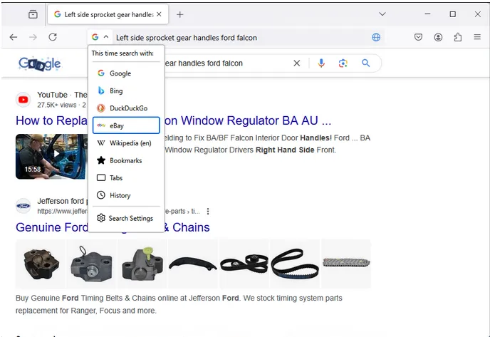 Giao diện Firefox Nightly hiển thị nút tìm kiếm hợp nhất với menu xổ xuống các công cụ tìm kiếm khác nhau trên thanh địa chỉ.