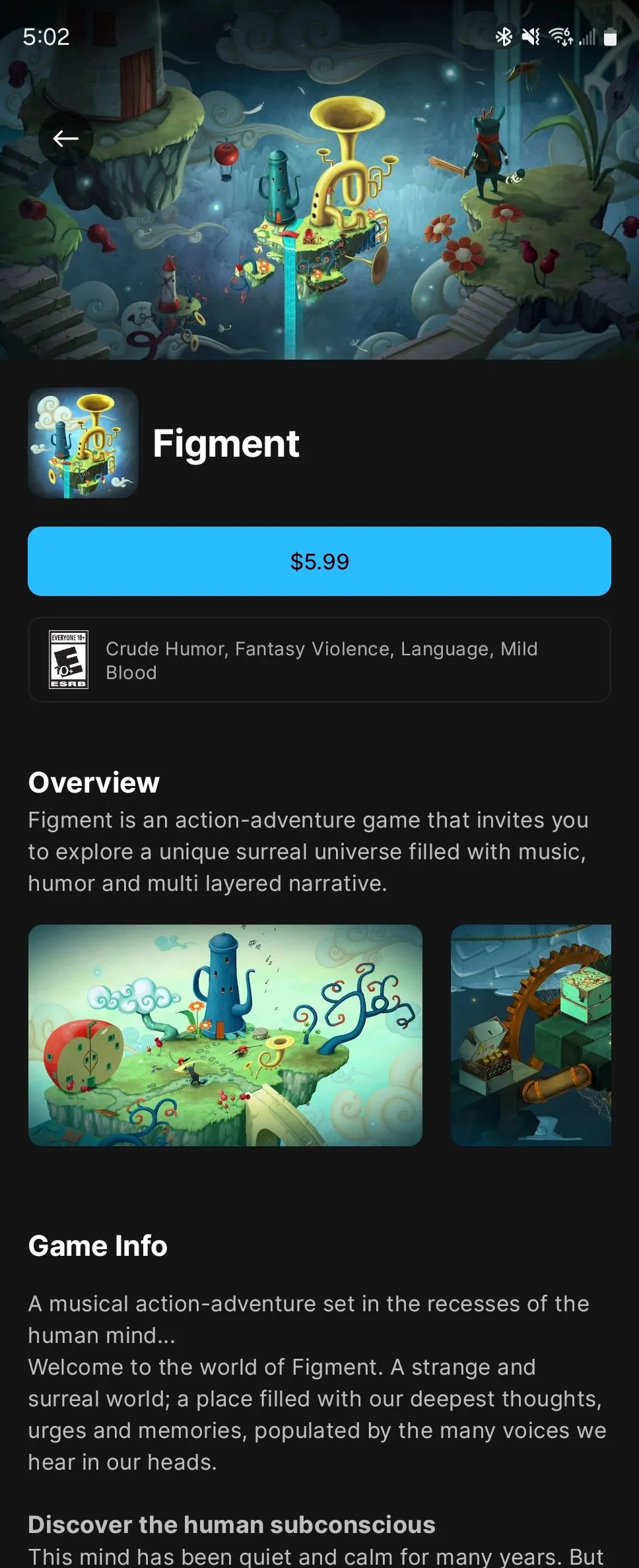 Giao diện game Figment trên Epic Games Store Android, hiển thị thông tin chi tiết và nút mua