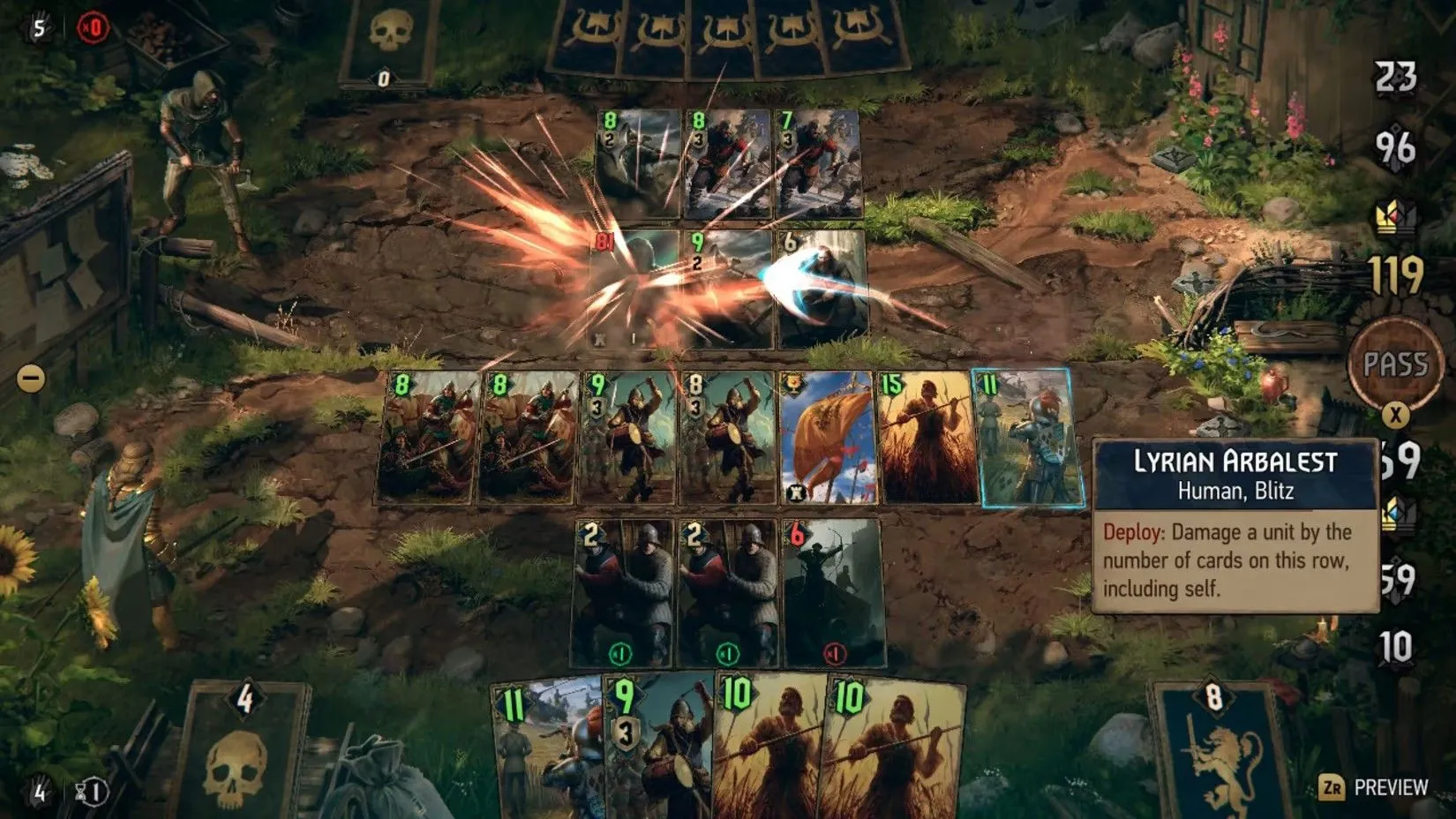 Giao diện gameplay của Thronebreaker: The Witcher Tales, một game nhập vai thẻ bài spin-off từ Gwent
