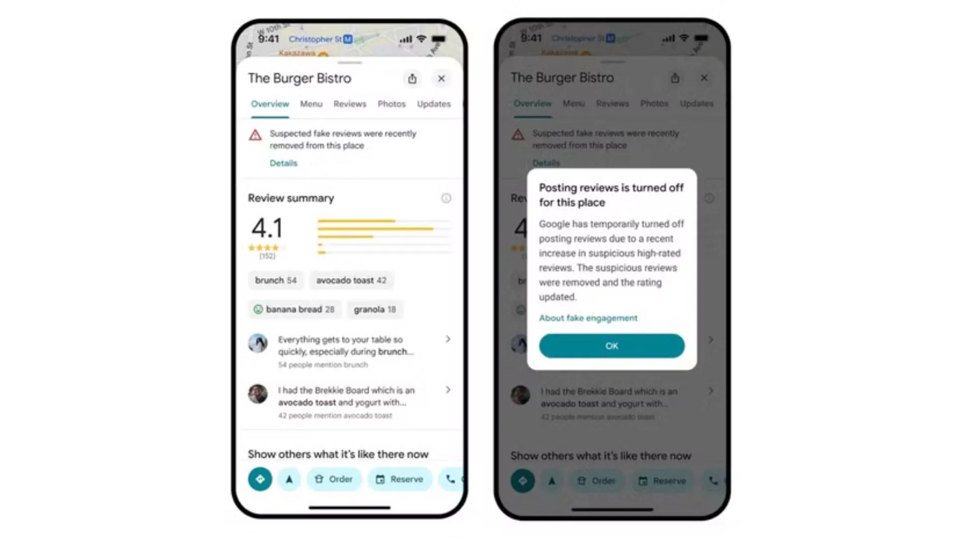 Giao diện Google Maps với thông báo tính năng đánh giá bị tạm khóa tại một địa điểm, minh họa nỗ lực chống đánh giá giả mạo của Google.