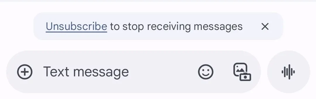 Giao diện Google Messages hiển thị tùy chọn 'Hủy đăng ký' để chặn tin nhắn rác và quảng cáo.