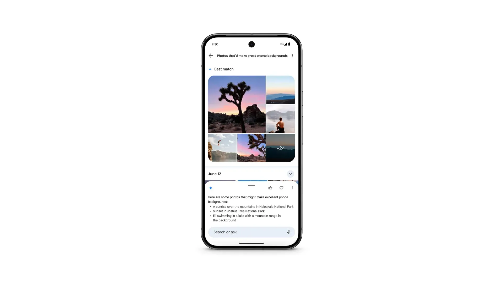 Giao diện Google Photos minh họa tốc độ tìm kiếm với tính năng Ask Photos được cải thiện và kết quả AI hiển thị sau.