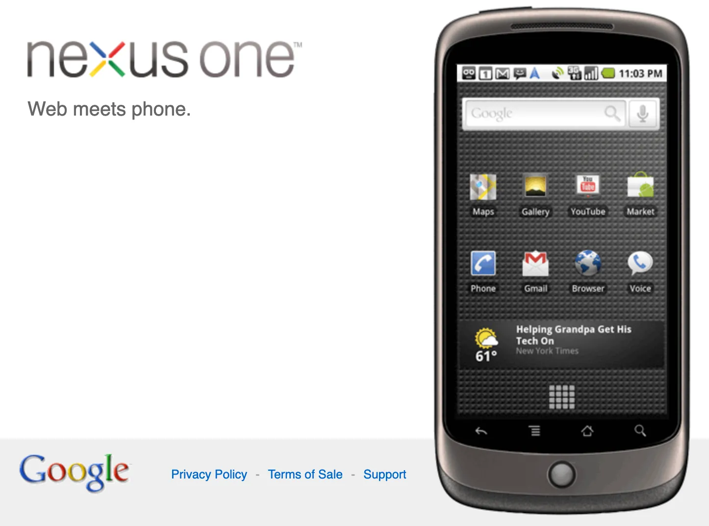 Giao diện Google Web Store giới thiệu Google Nexus One, smartphone Android thuần được Google hậu thuẫn