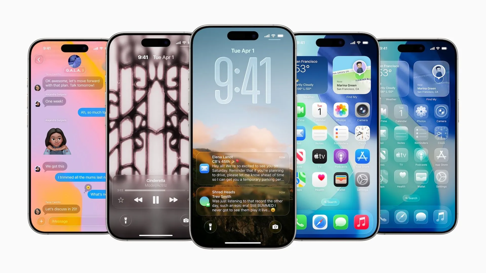 Giao diện iOS 26 trên nhiều thiết bị iPhone khác nhau, minh họa trải nghiệm phần mềm mới của Apple.
