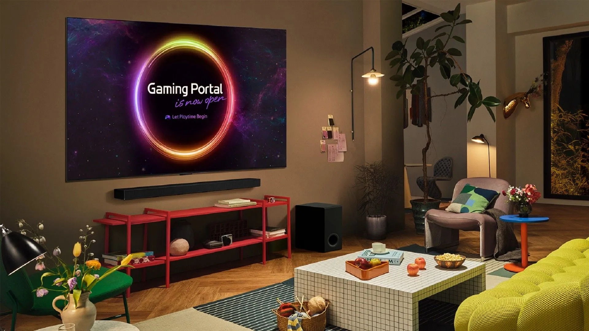 Giao diện LG Gaming Portal trên màn hình TV thông minh trong phòng khách, cho phép truy cập game đám mây