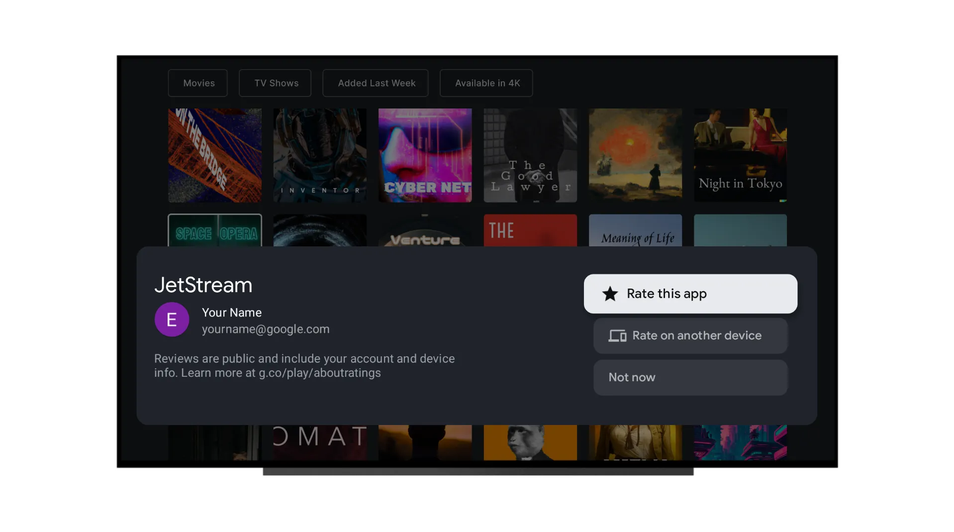 Giao diện màn hình Google TV với lời nhắc đánh giá ứng dụng