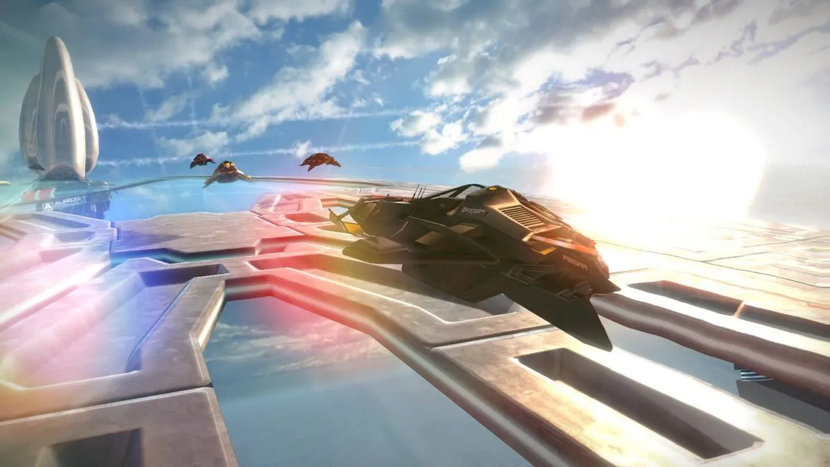 Giao diện người dùng và cảnh đua sắc nét trong Wipeout Omega Collection, bản remastered nâng cấp đồ họa cho tựa game kinh điển.