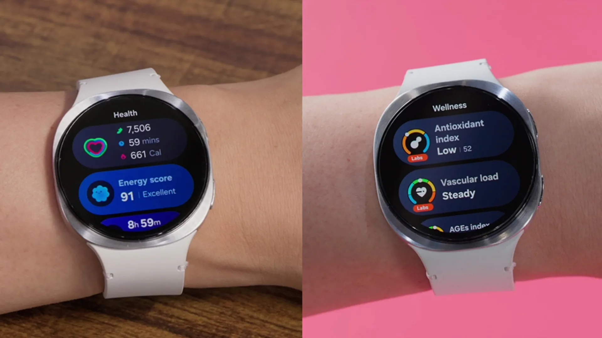 Giao diện One UI 8 Watch mới của Samsung với các ô thông tin đa nhiệm và tính năng theo dõi sức khỏe chuyên sâu trên Galaxy Watch 8.