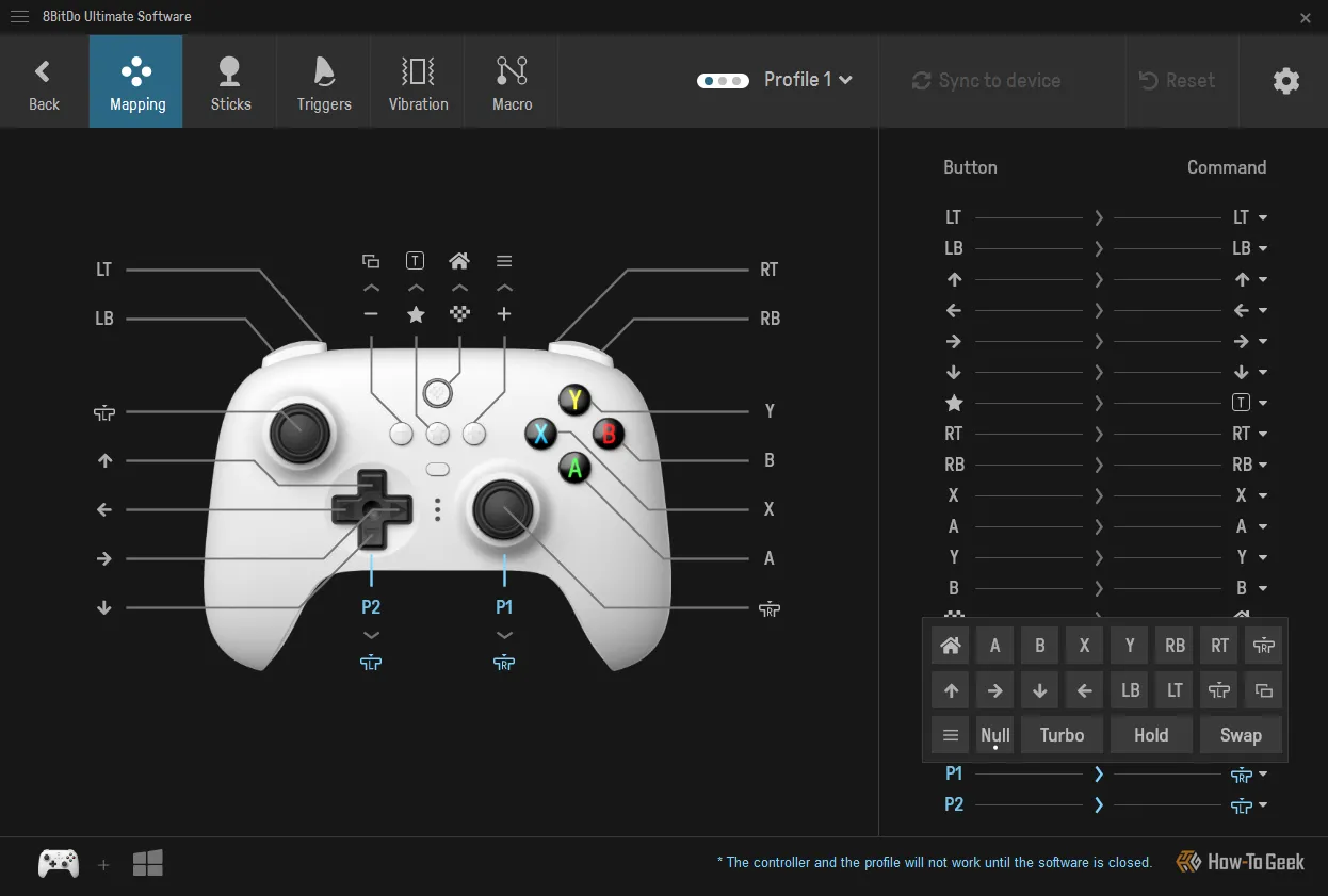 Giao diện phần mềm tùy chỉnh 8BitDo Ultimate Software với các tùy chọn gán nút và macro.