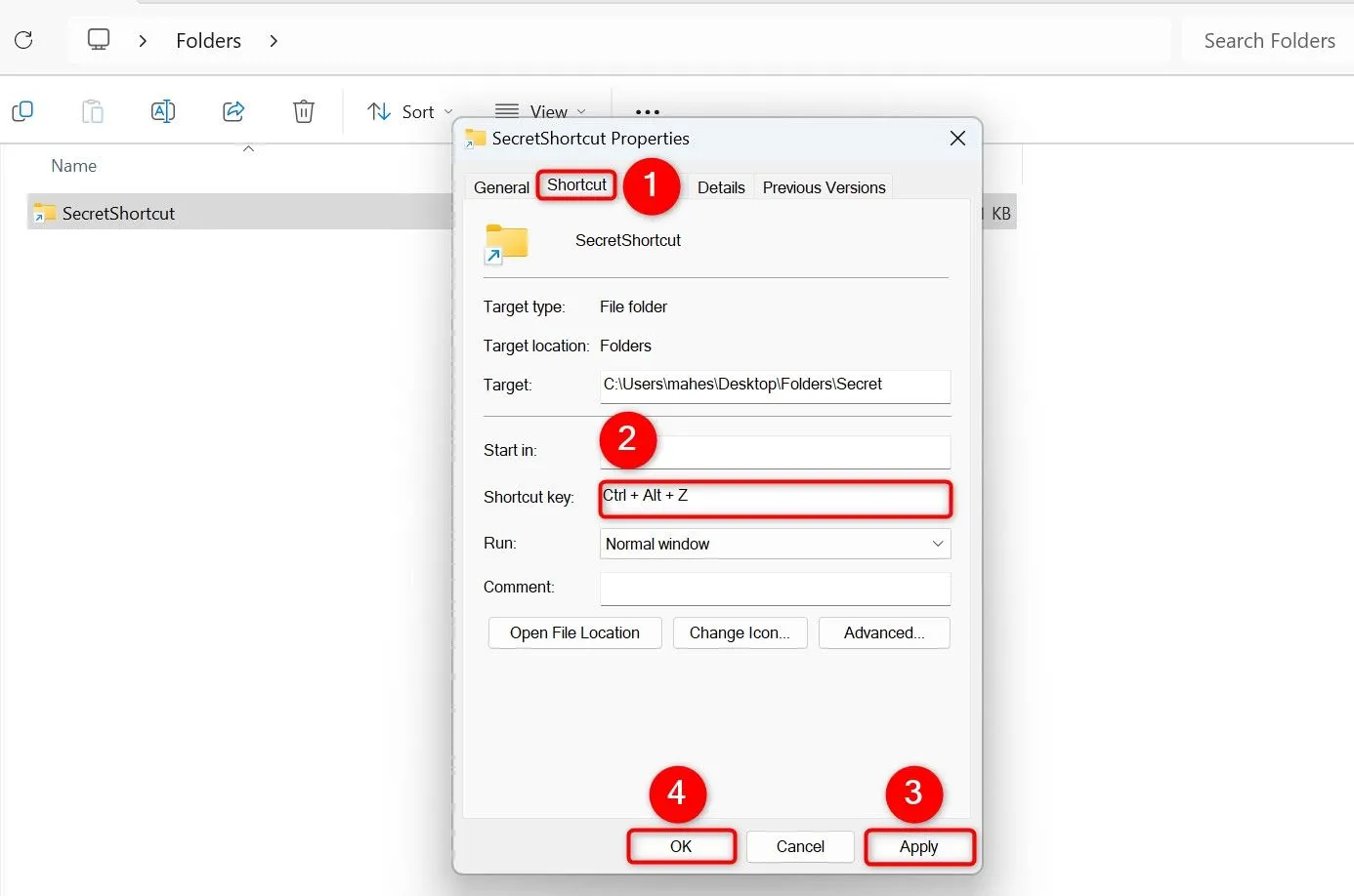 Giao diện Properties của lối tắt (shortcut) thư mục, tab &quot;Shortcut&quot; với trường &quot;Shortcut Key&quot; để gán phím tắt.