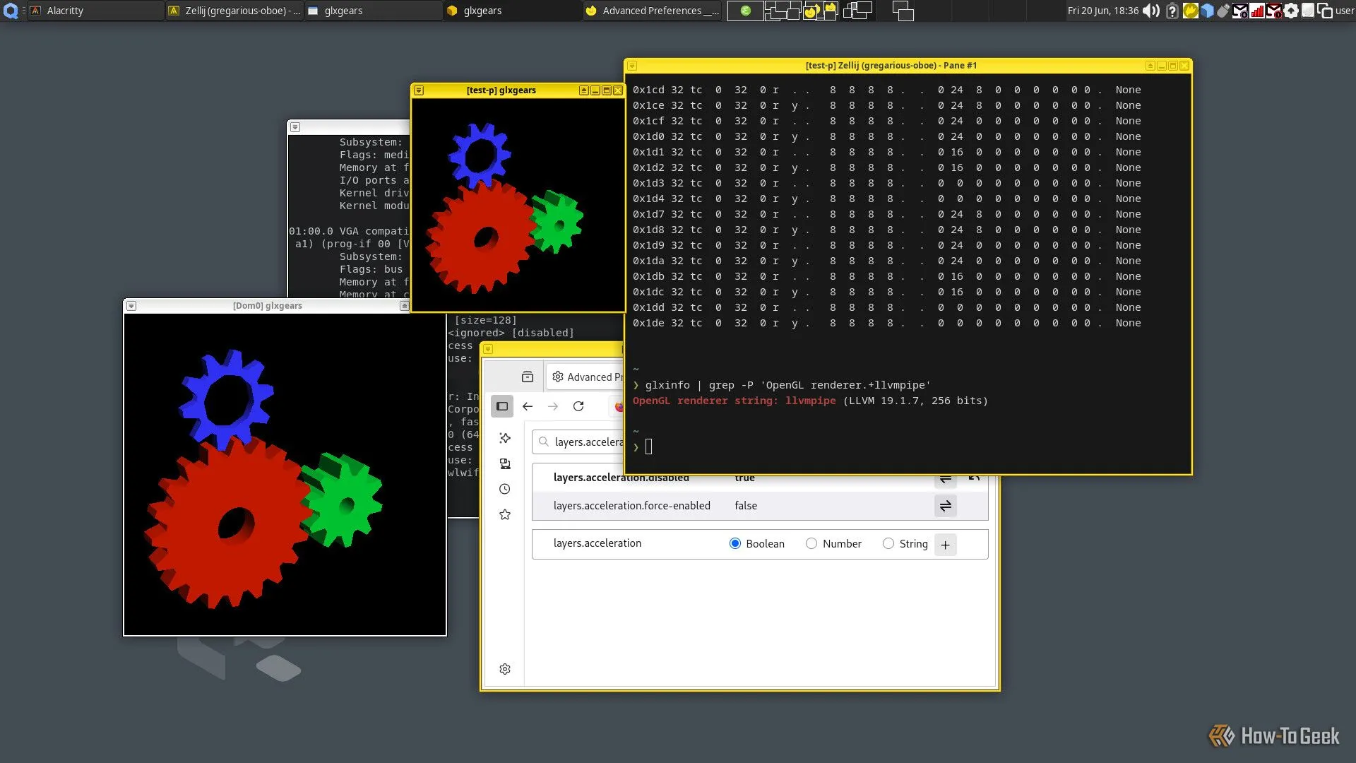Giao diện Qubes OS với nhiều cửa sổ hiển thị thông tin đồ họa và glxgears, nhấn mạnh hạn chế hỗ trợ GPU trên Qubes.