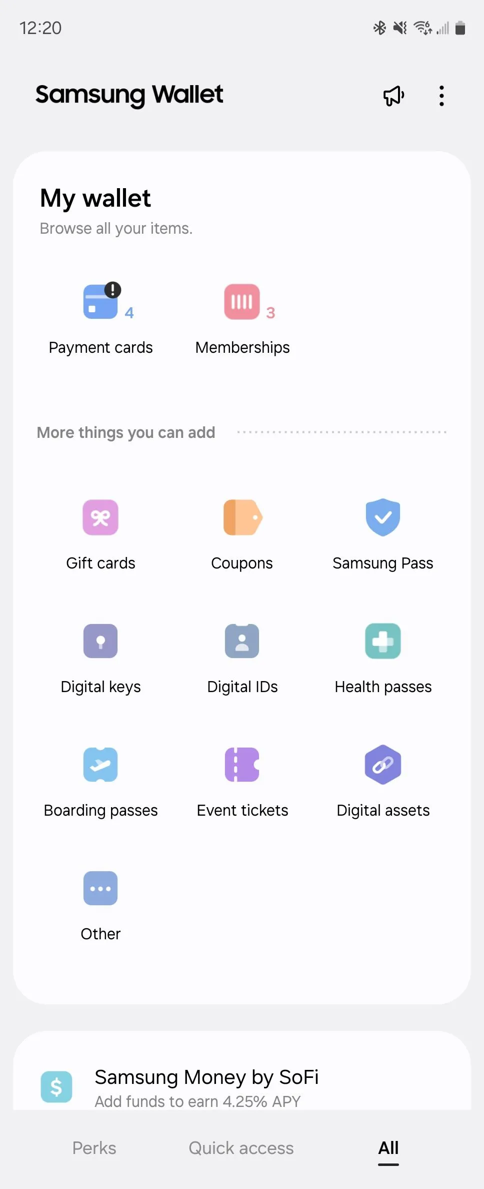 Giao diện Samsung Wallet hiển thị các loại thẻ, chìa khóa số và tài sản kỹ thuật số có thể lưu trữ.