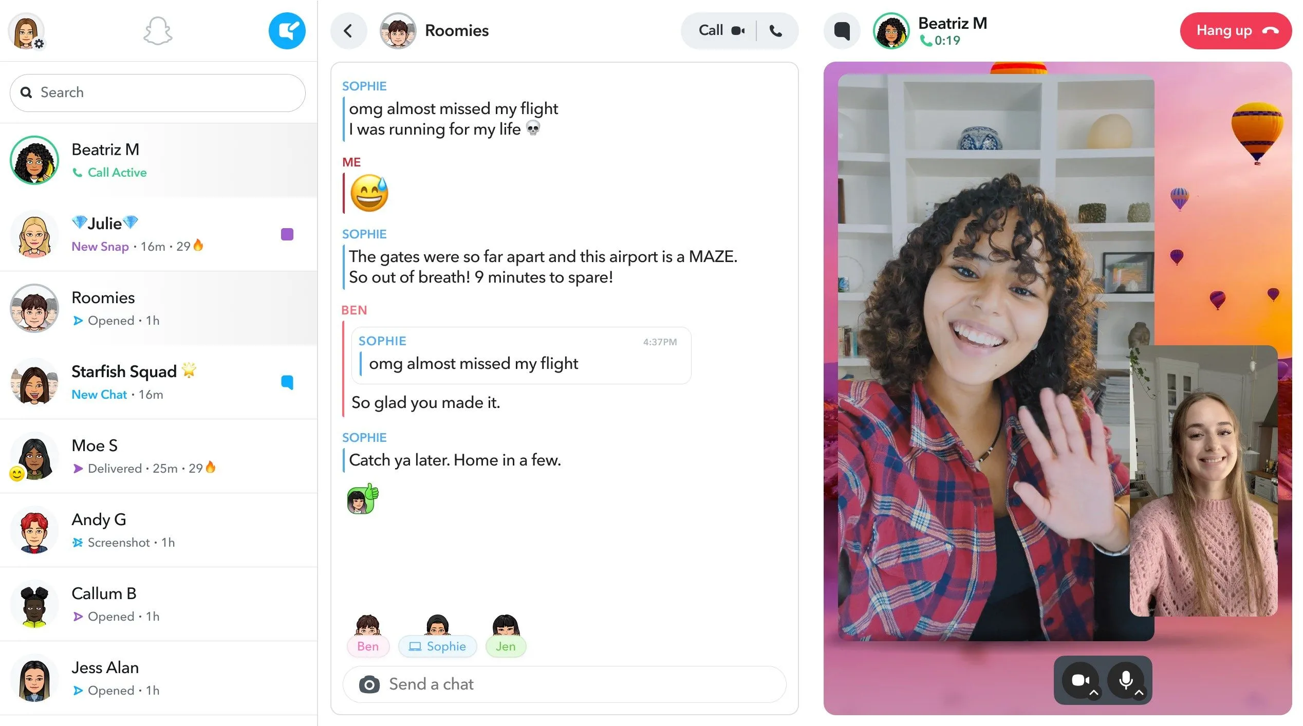 Giao diện Snapchat Web trên máy tính, hiển thị danh sách chat và khu vực xem nội dung lớn.