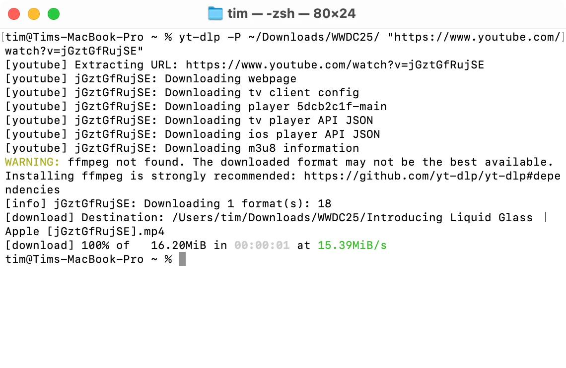 Giao diện Terminal trên macOS hiển thị quá trình yt-dlp tải xuống video của Apple.
