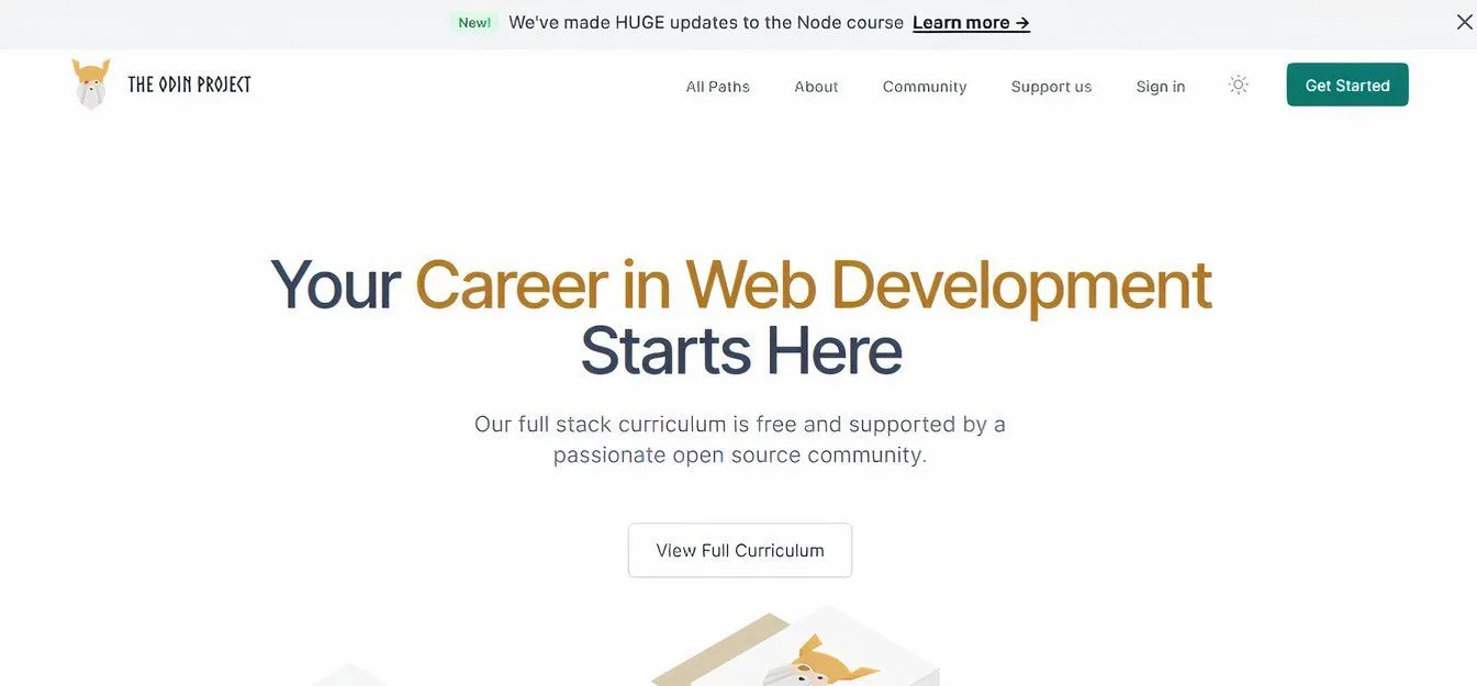 Giao diện The Odin Project, nền tảng cung cấp lộ trình học lập trình web full-stack miễn phí từ cơ bản đến nâng cao cho người mới bắt đầu.