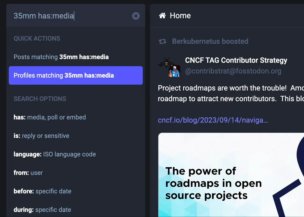 Giao diện tìm kiếm văn bản mới trên Mastodon 4.2 hiển thị kết quả và các tùy chọn lọc.