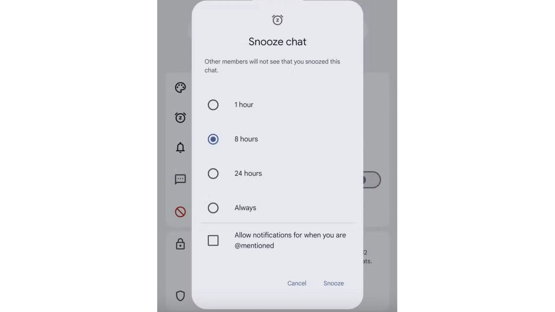 Giao diện tính năng Tạm dừng trò chuyện (Snooze Chat) trên Google Messages với các tùy chọn thời gian