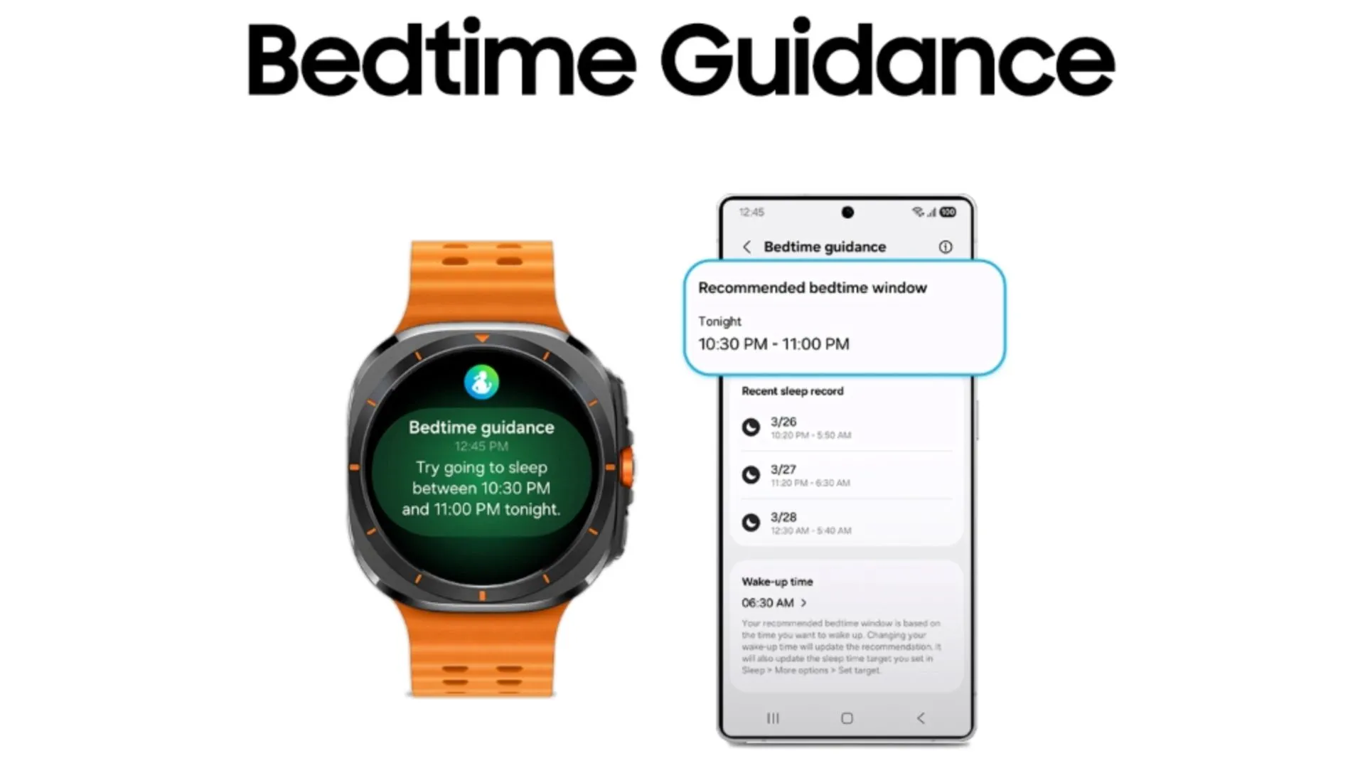 Giao diện tính năng theo dõi giấc ngủ mới trên Galaxy Watch Ultra chạy One UI 8 (Wear OS 6), cung cấp hướng dẫn ngủ chi tiết cho người dùng.
