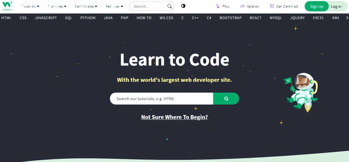 Giao diện trang chủ W3Schools, nguồn tài liệu học HTML, CSS, JavaScript hiệu quả cho người mới bắt đầu lập trình web.