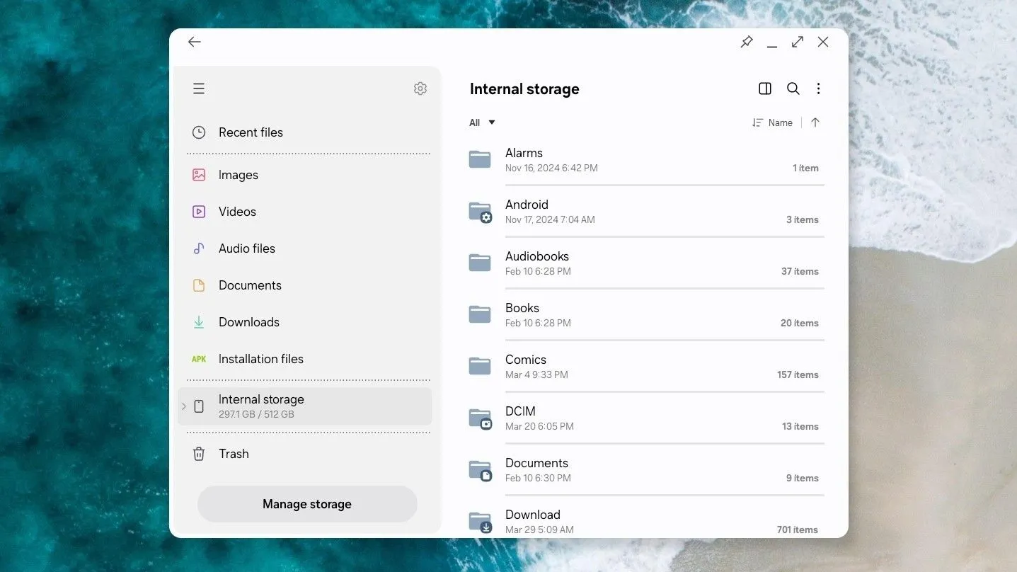 Giao diện trình quản lý tệp Samsung My Files trong Samsung DeX
