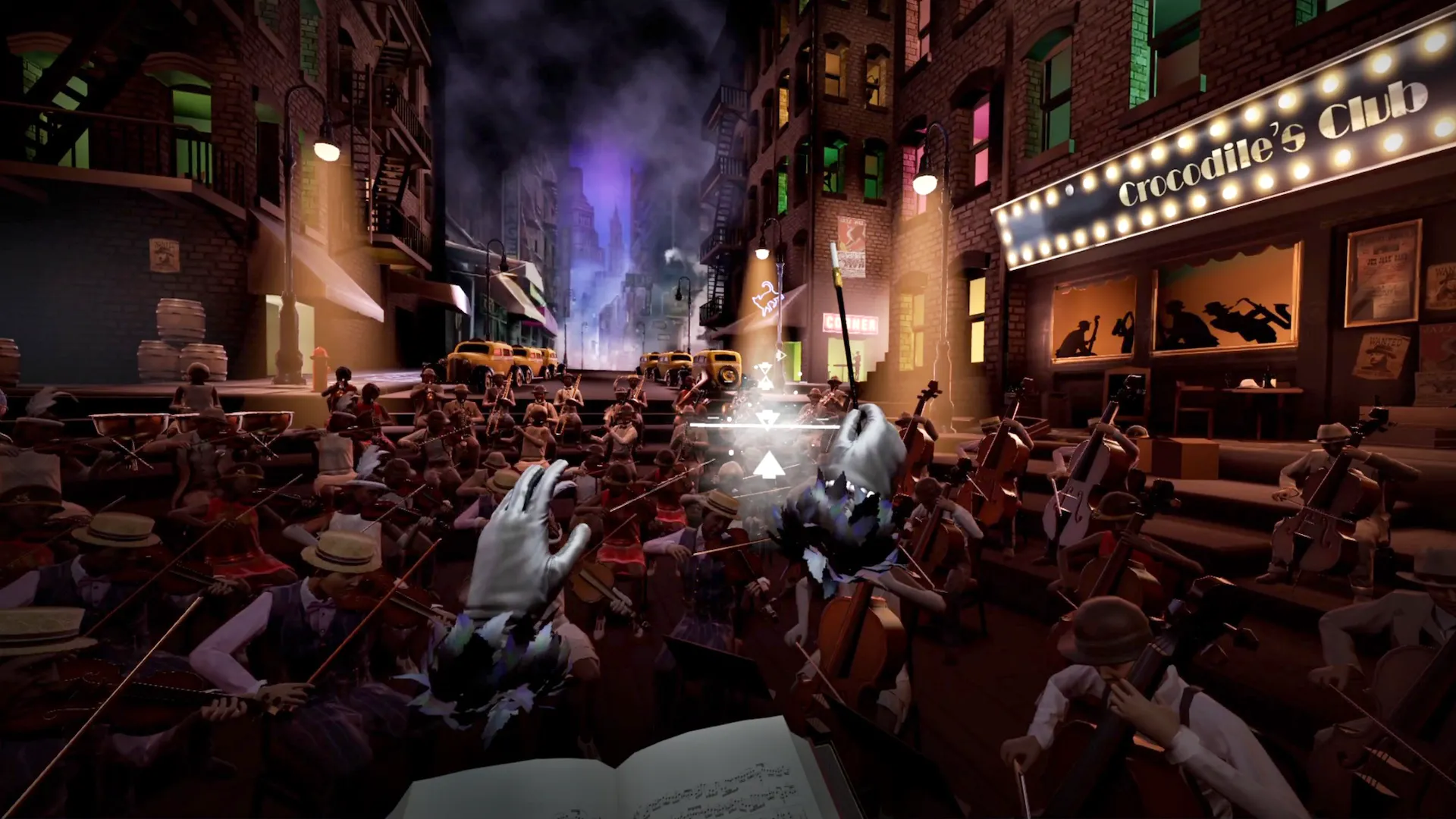 Giao diện trò chơi VR Maestro với cảnh dàn nhạc jazz trên đường phố New York, minh họa các game VR quy mô nhỏ hiện tại