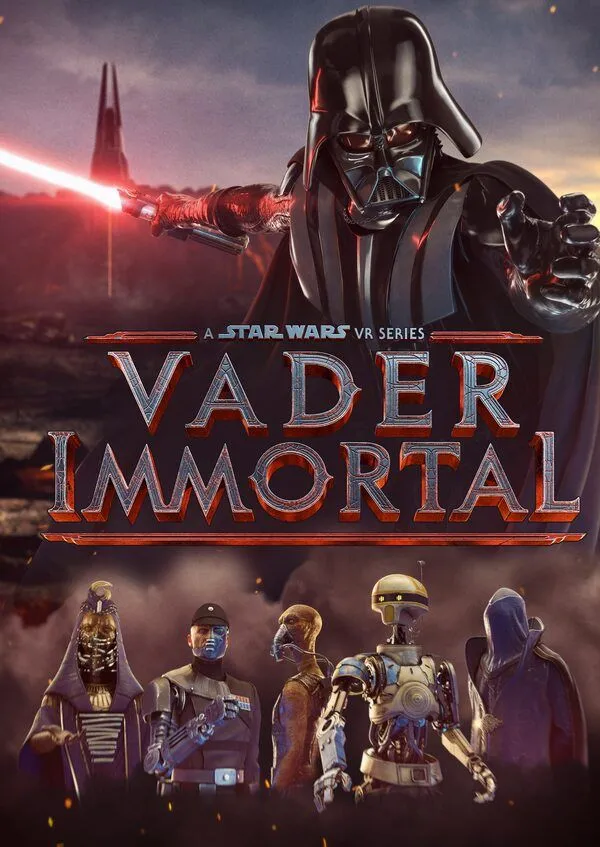 Giao diện tựa game Vader Immortal: A Star Wars VR Series với biểu tượng logo và các nhân vật