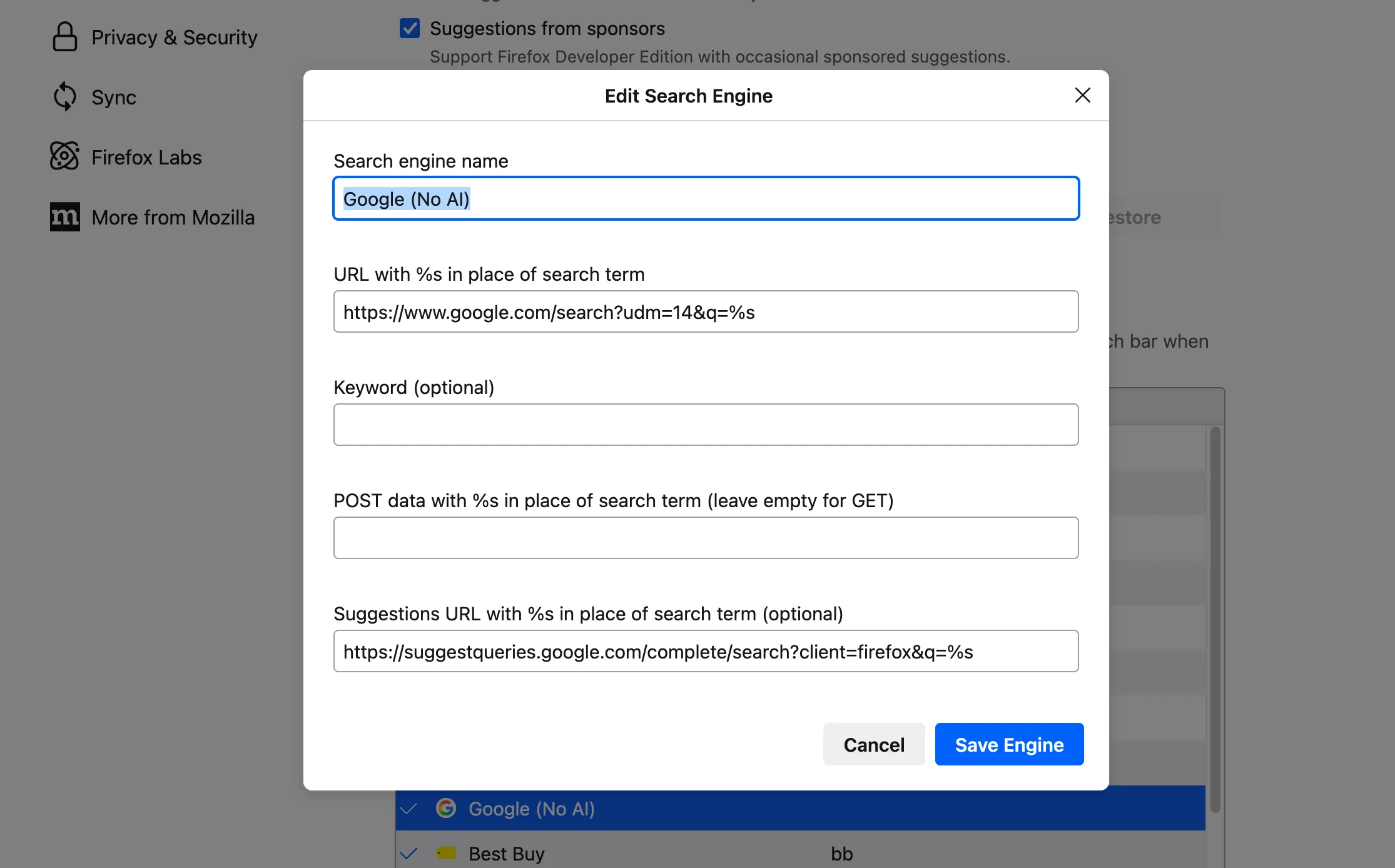 Giao diện tùy chỉnh công cụ tìm kiếm trong cài đặt Firefox 140, hiển thị tùy chọn thêm và quản lý các công cụ tìm kiếm mới.