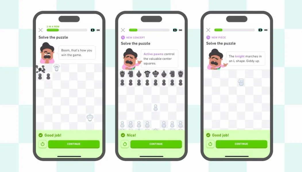 Giao diện ứng dụng Duolingo với bàn cờ vua, minh họa các bài học và câu đố tương tác trong khóa học cờ vua mới