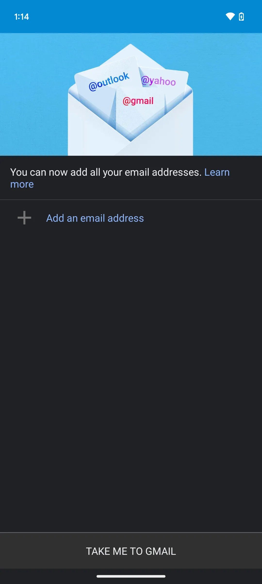 Giao diện ứng dụng Gmail trên Android yêu cầu thêm tài khoản email để sử dụng các tính năng.