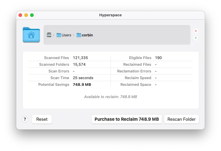 Giao diện ứng dụng Hyperspace trên Mac hiển thị kết quả quét dung lượng ổ đĩa và tiềm năng tiết kiệm không gian lưu trữ hiệu quả.