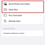 Giao diện ứng dụng KDE Connect trên iPhone với các tùy chọn "Gửi Ảnh & Video" và "Gửi File" được đánh dấu, minh họa khả năng truyền dữ liệu giữa iPhone và Linux.