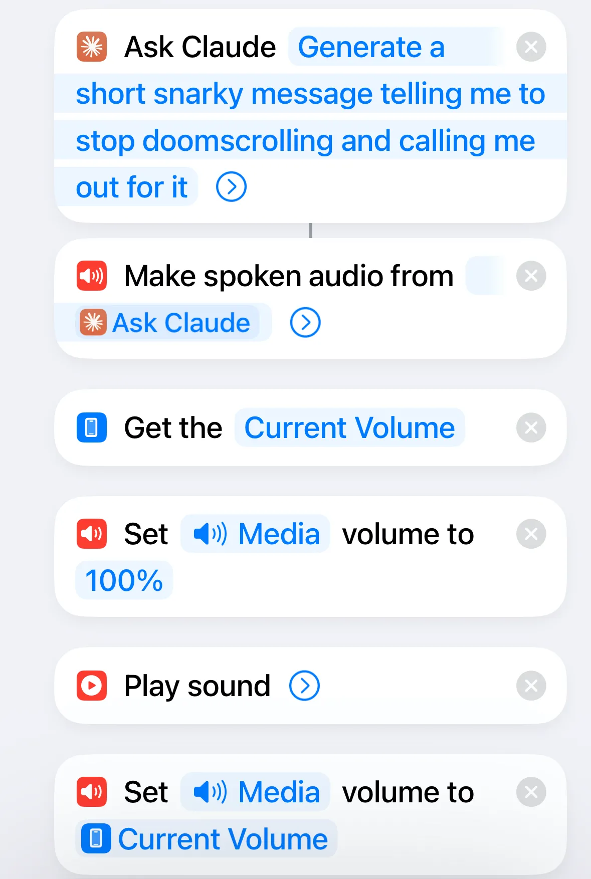 Giao diện ứng dụng Phím tắt trên iPhone, hiển thị cấu trúc phím tắt chống doomscrolling đã hoàn thiện với các bước tự động hóa.