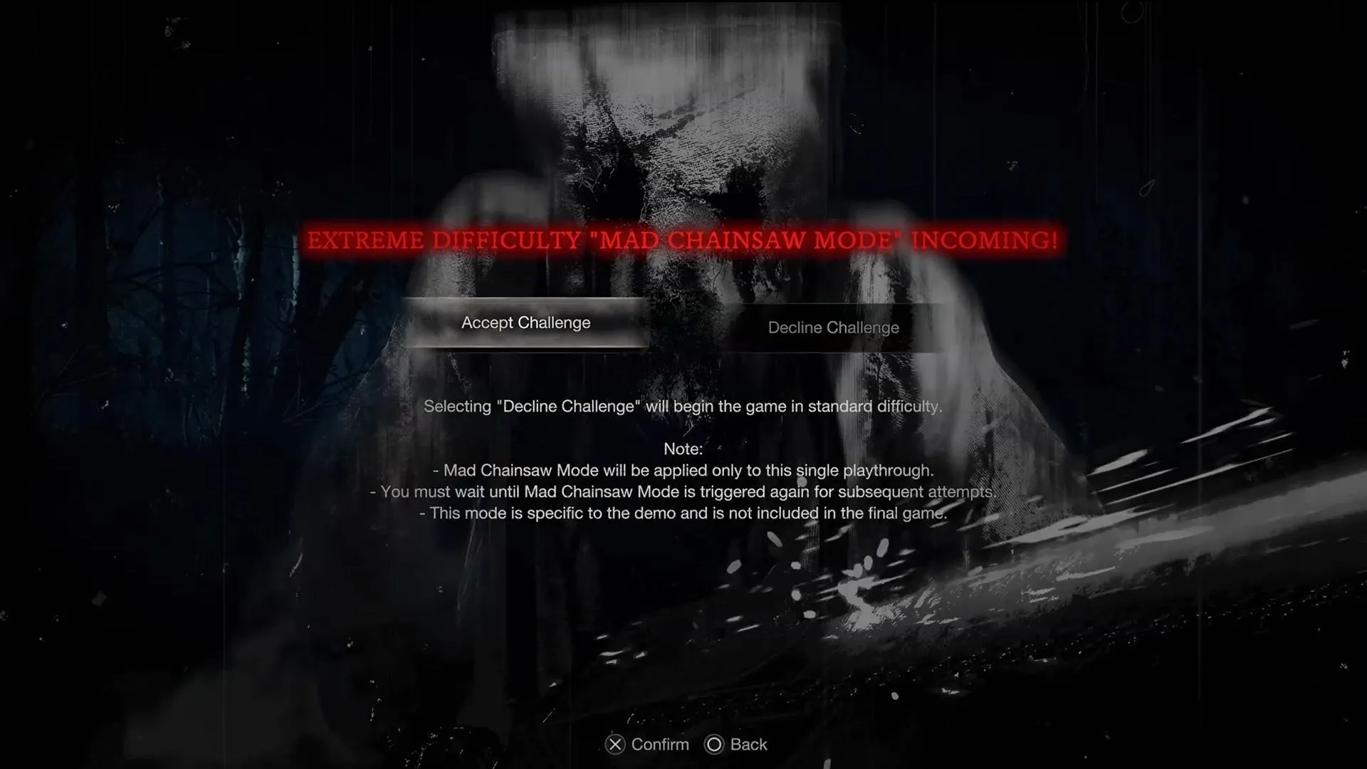 Giao diện và gameplay của chế độ Mad Chainsaw từ bản demo Resident Evil 4 (2023), cho thấy một trong những bí mật và thử thách khó khăn mà người chơi có thể khám phá.