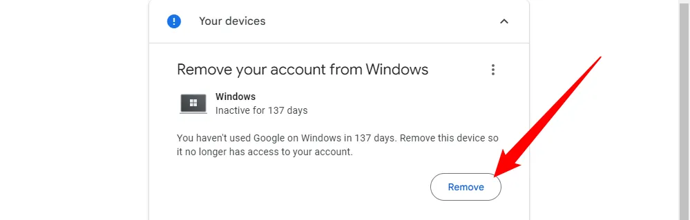 Giao diện xóa các thiết bị cũ không còn quyền truy cập tài khoản Google