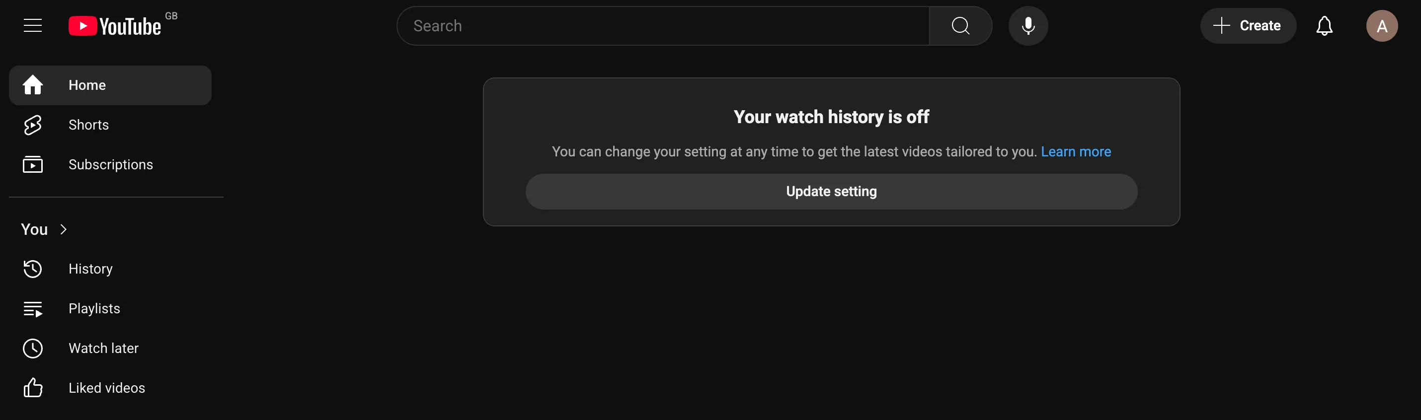 Giao diện YouTube khi Lịch sử xem đã bị tắt, khuyến khích bật lại.