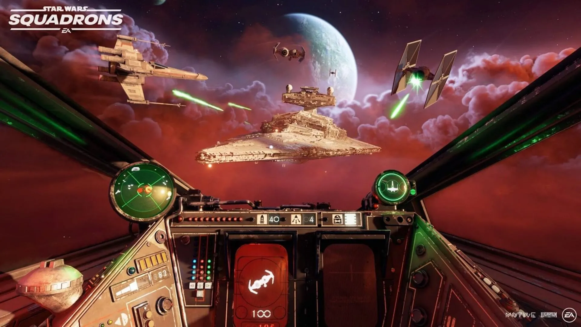 Góc nhìn buồng lái X-wing trong trận chiến khốc liệt với TIE fighters và Star Destroyer trong game Star Wars Squadrons VR