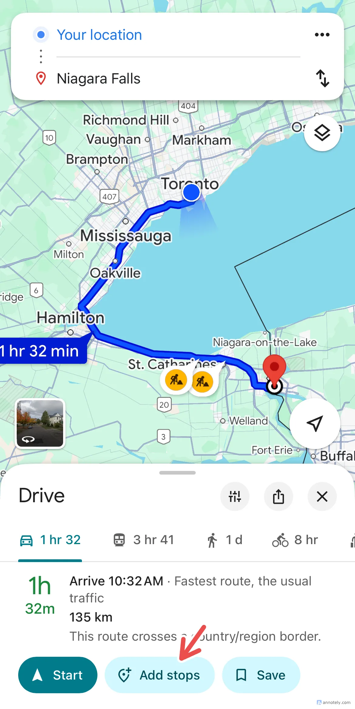 Google Maps tính toán thời gian lái xe sau khi thêm điểm dừng vào lộ trình