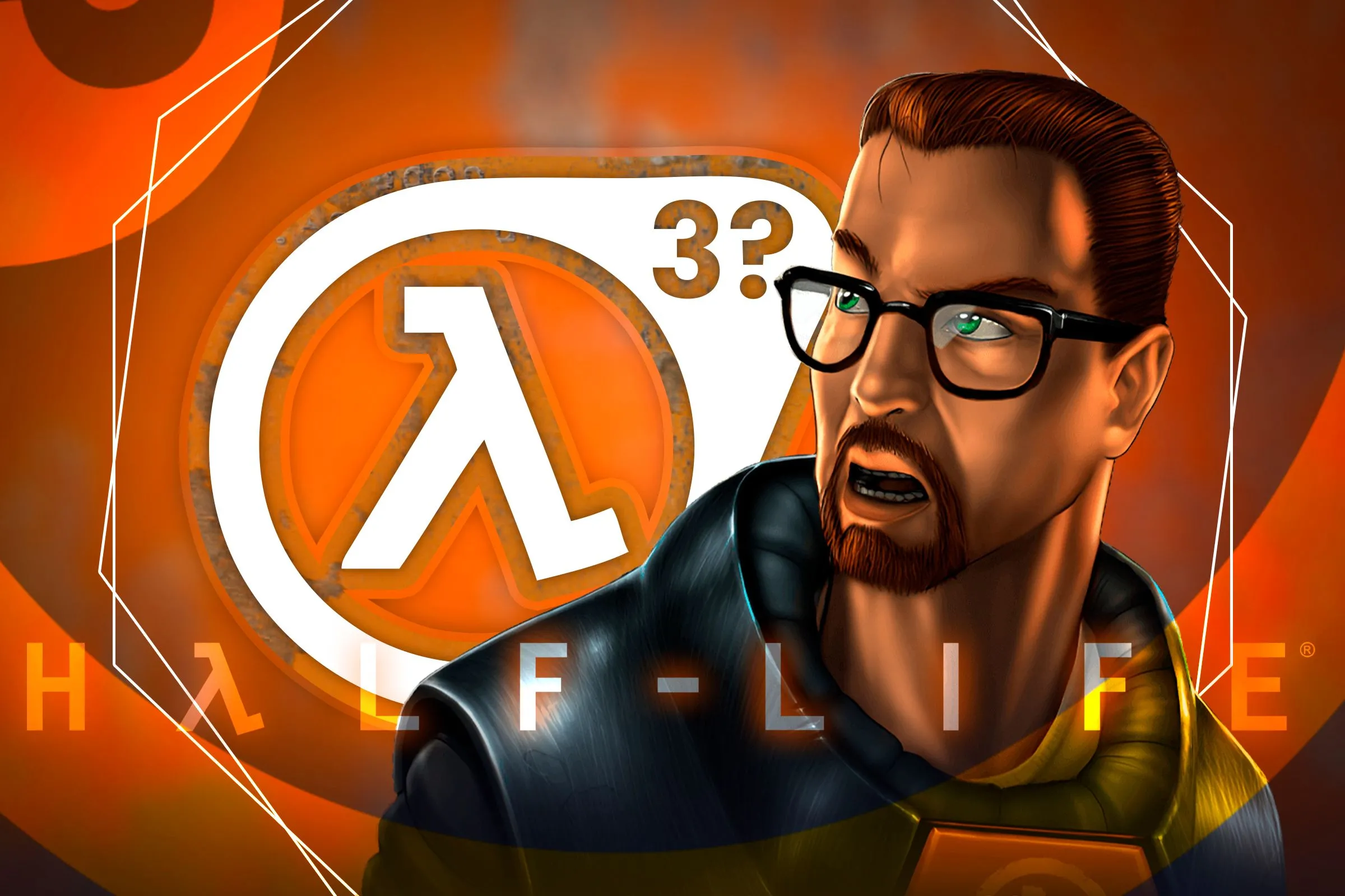 Gordon Freeman, nhân vật chính Half-Life, bên cạnh logo Half-Life 3 giả định, minh họa cho sự chờ đợi mòn mỏi của cộng đồng game thủ