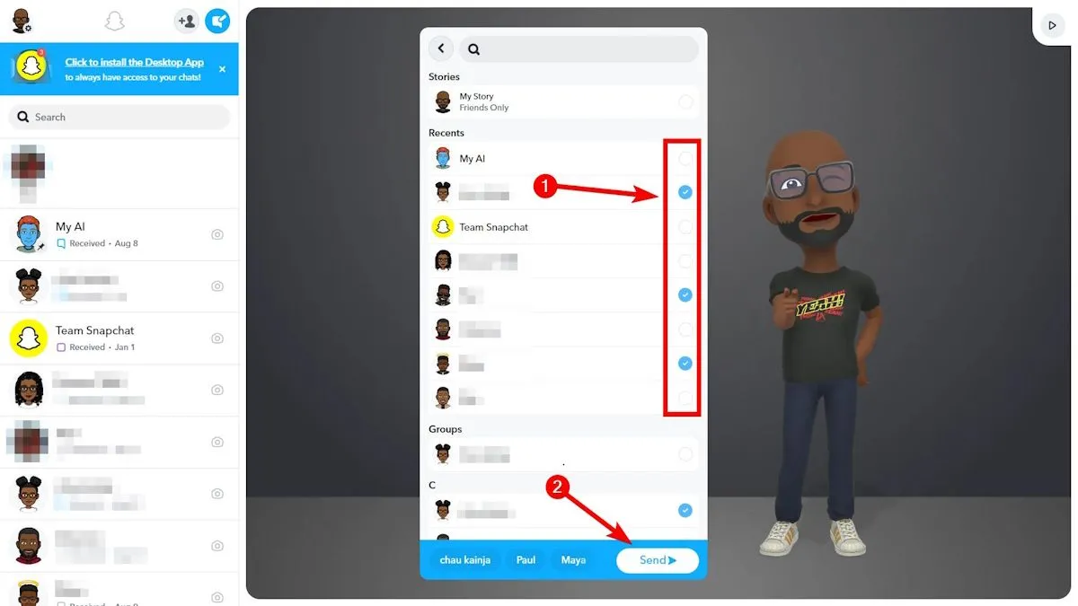 Gửi ảnh Snap tới bạn bè trên Snapchat Web, chọn người nhận từ danh sách.