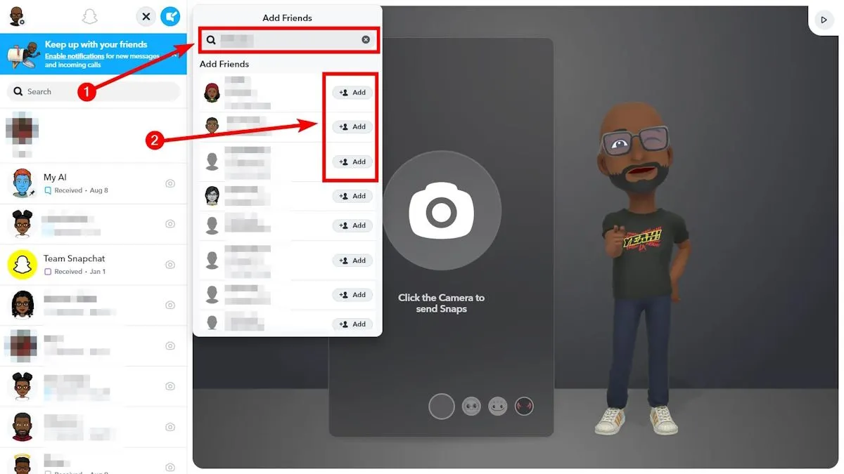Gửi lời mời kết bạn trên Snapchat Web thông qua thanh tìm kiếm.
