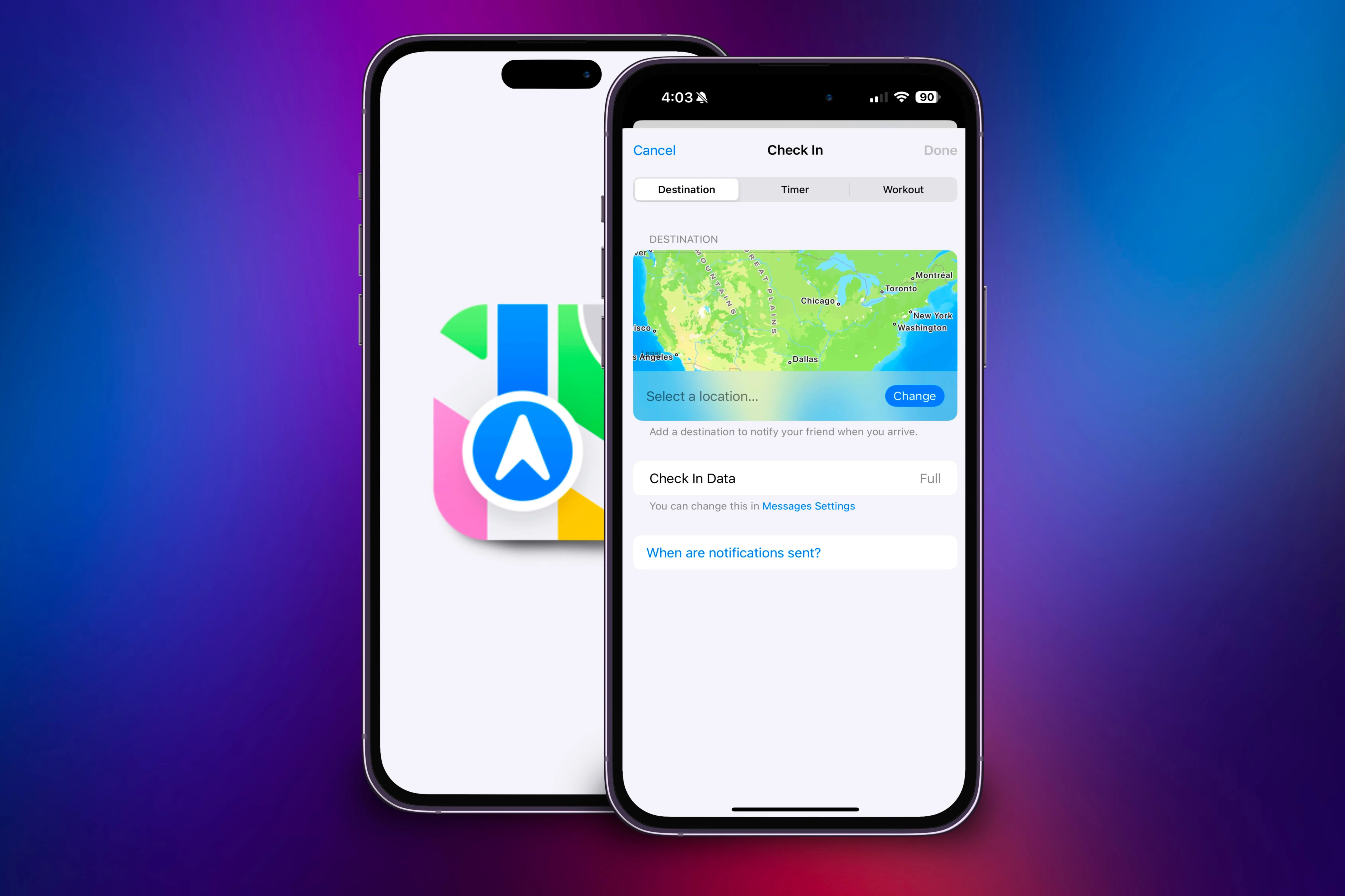 Hai chiếc iPhone cho thấy việc nhập địa chỉ và ghi nhớ các địa điểm thường xuyên trong tính năng Check In.