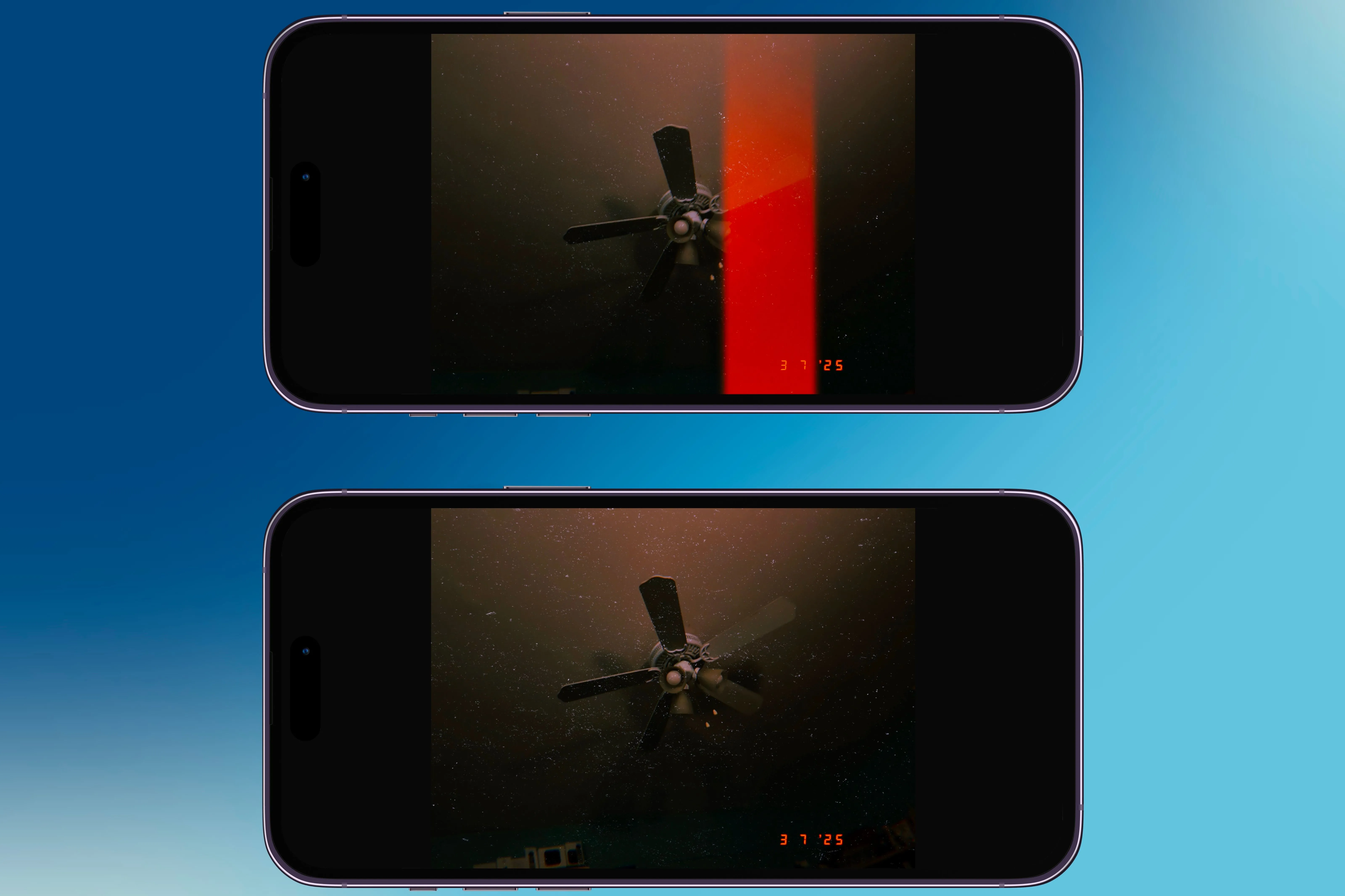 Hai chiếc iPhone hiển thị ảnh chụp từ ứng dụng HUJI Cam với hiệu ứng hoài cổ đặc trưng của máy ảnh dùng một lần