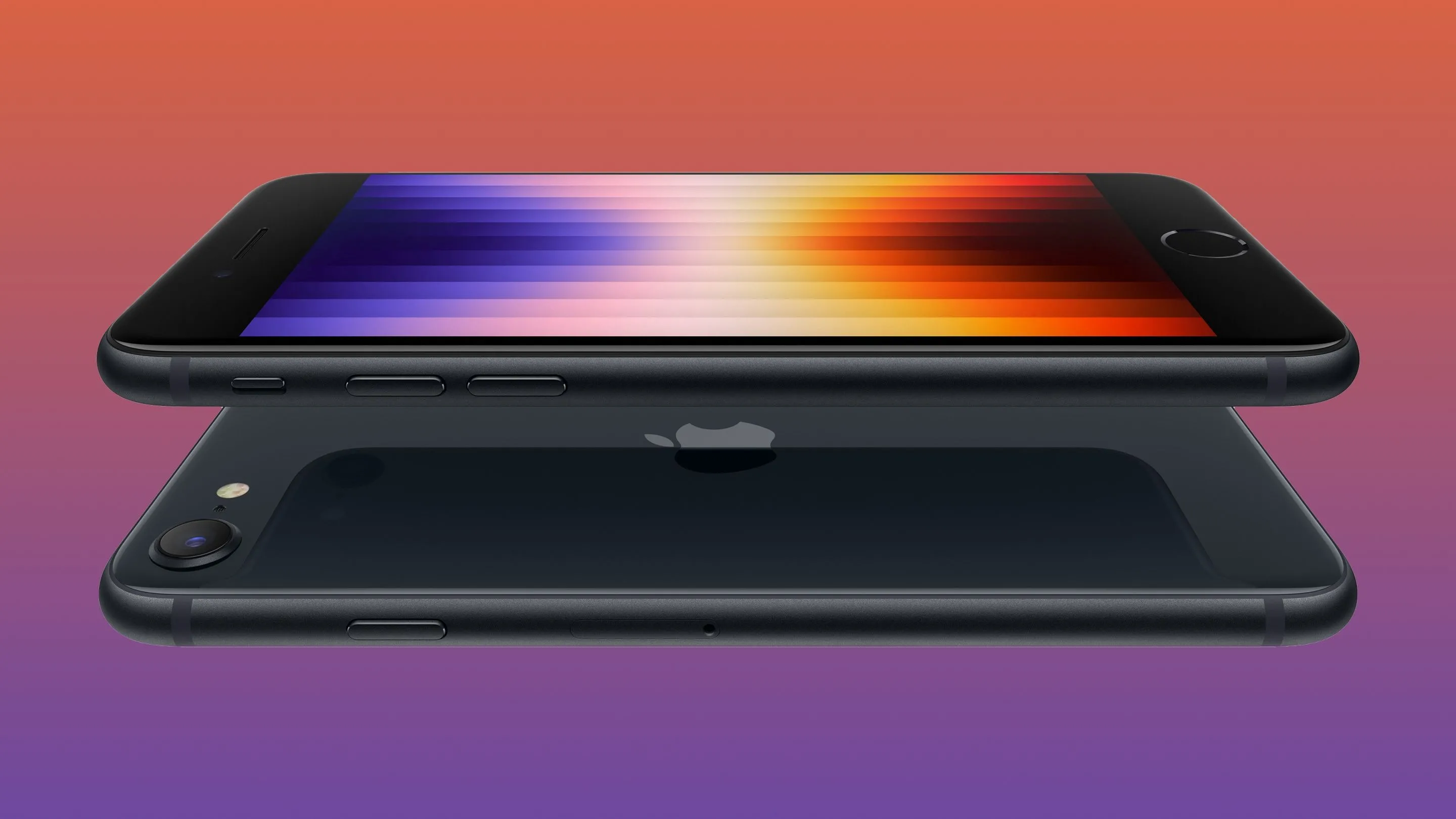 Hai chiếc iPhone SE thế hệ thứ ba đặt chồng lên nhau, hiển thị các màu sắc.