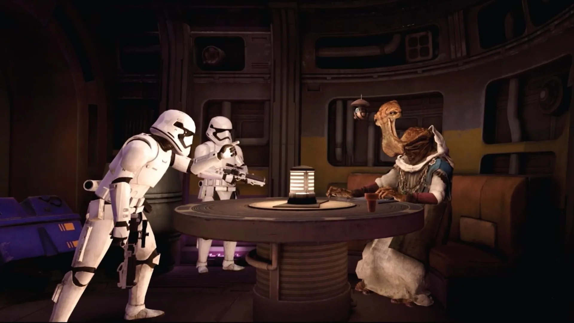 Hai Stormtroopers đang đối thoại với Dok-Ondar trong game Star Wars: Tales from the Galaxy’s Edge VR