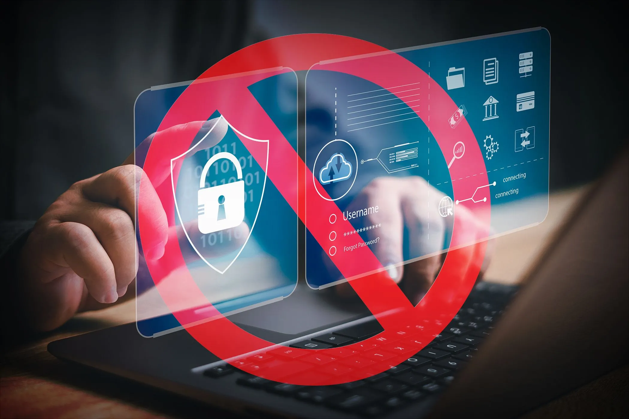 Hình ảnh bàn tay gõ laptop với biểu tượng bảo mật bị cấm, cảnh báo rủi ro khi không bật 2FA cho trình quản lý mật khẩu.