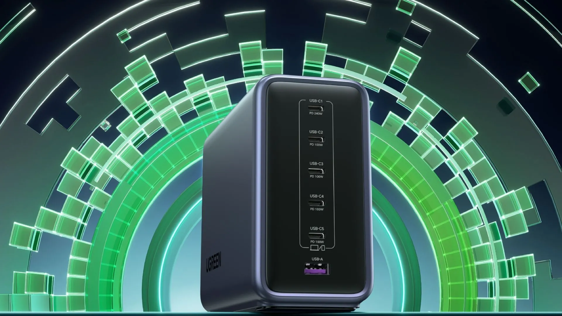 Hình ảnh bộ sạc để bàn UGREEN Nexode 500W hiển thị chi tiết 5 cổng USB-C và 1 cổng USB-A, thiết kế hiện đại.