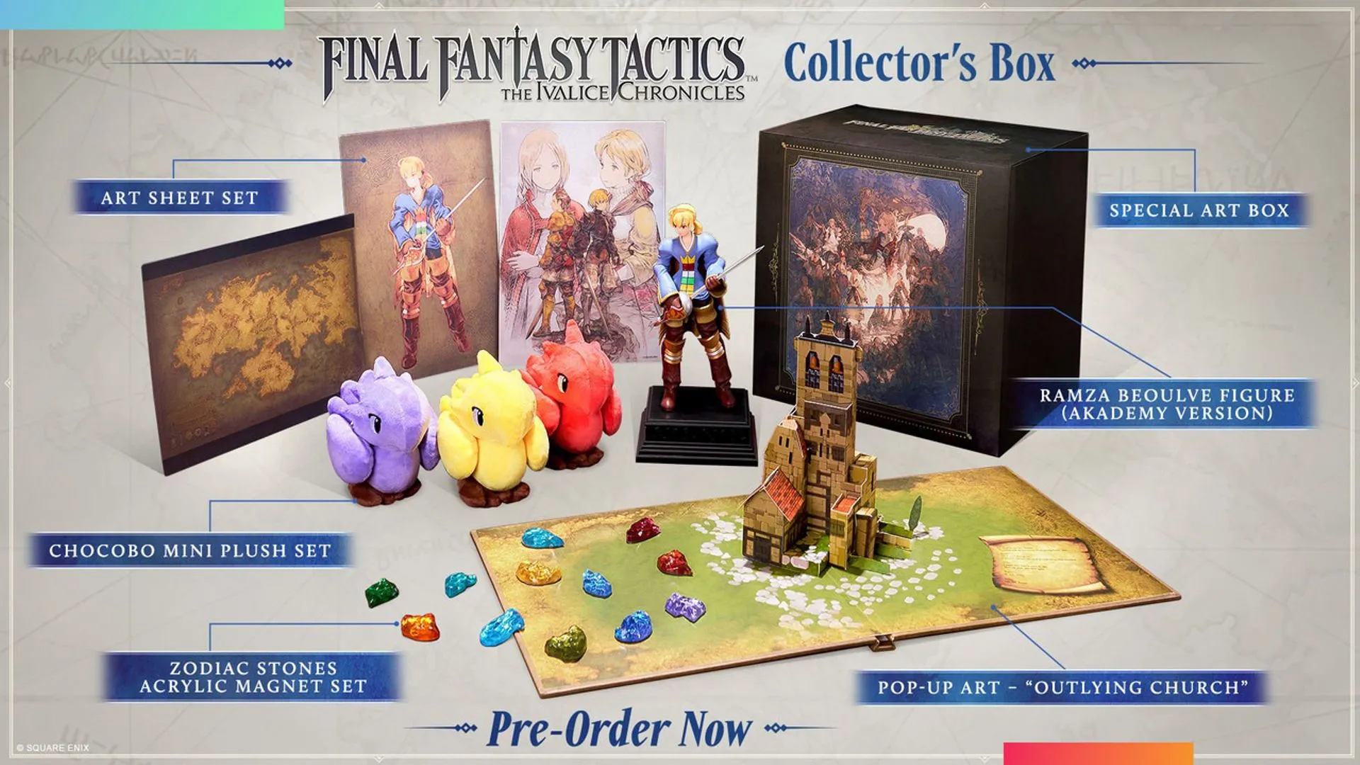 Hình ảnh các vật phẩm độc quyền trong Collector's Box của Final Fantasy Tactics: The Ivalice Chronicles.