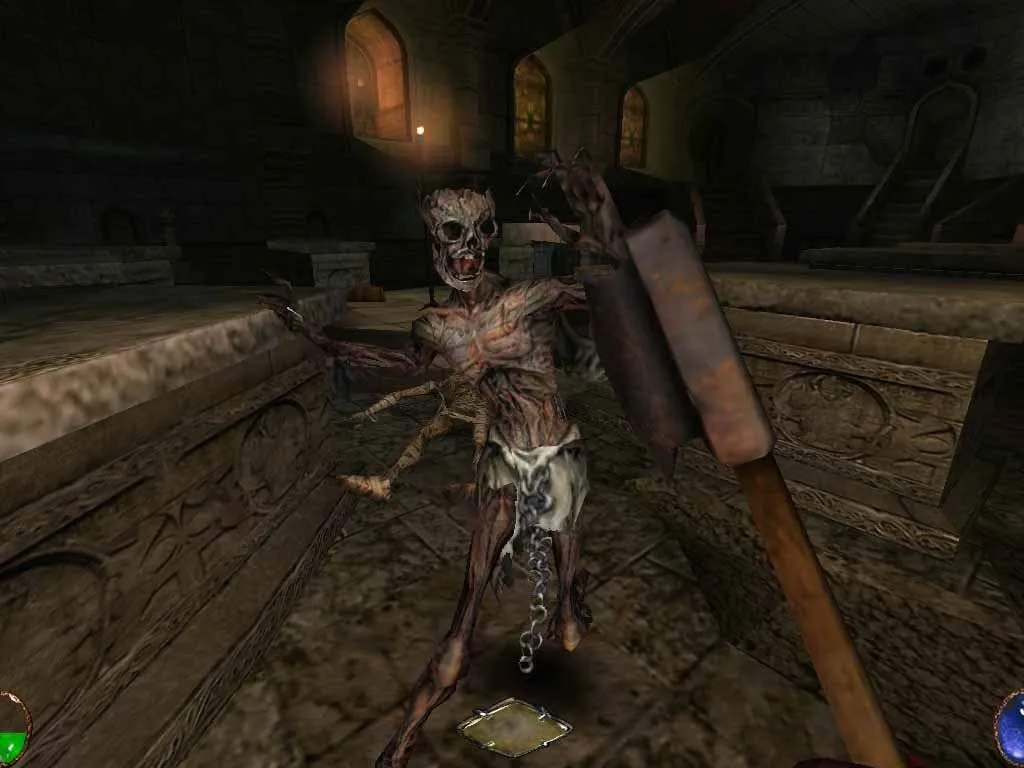 Hình ảnh chụp màn hình game Arx Fatalis với môi trường hầm ngục u tối và nhân vật đang chiến đấu