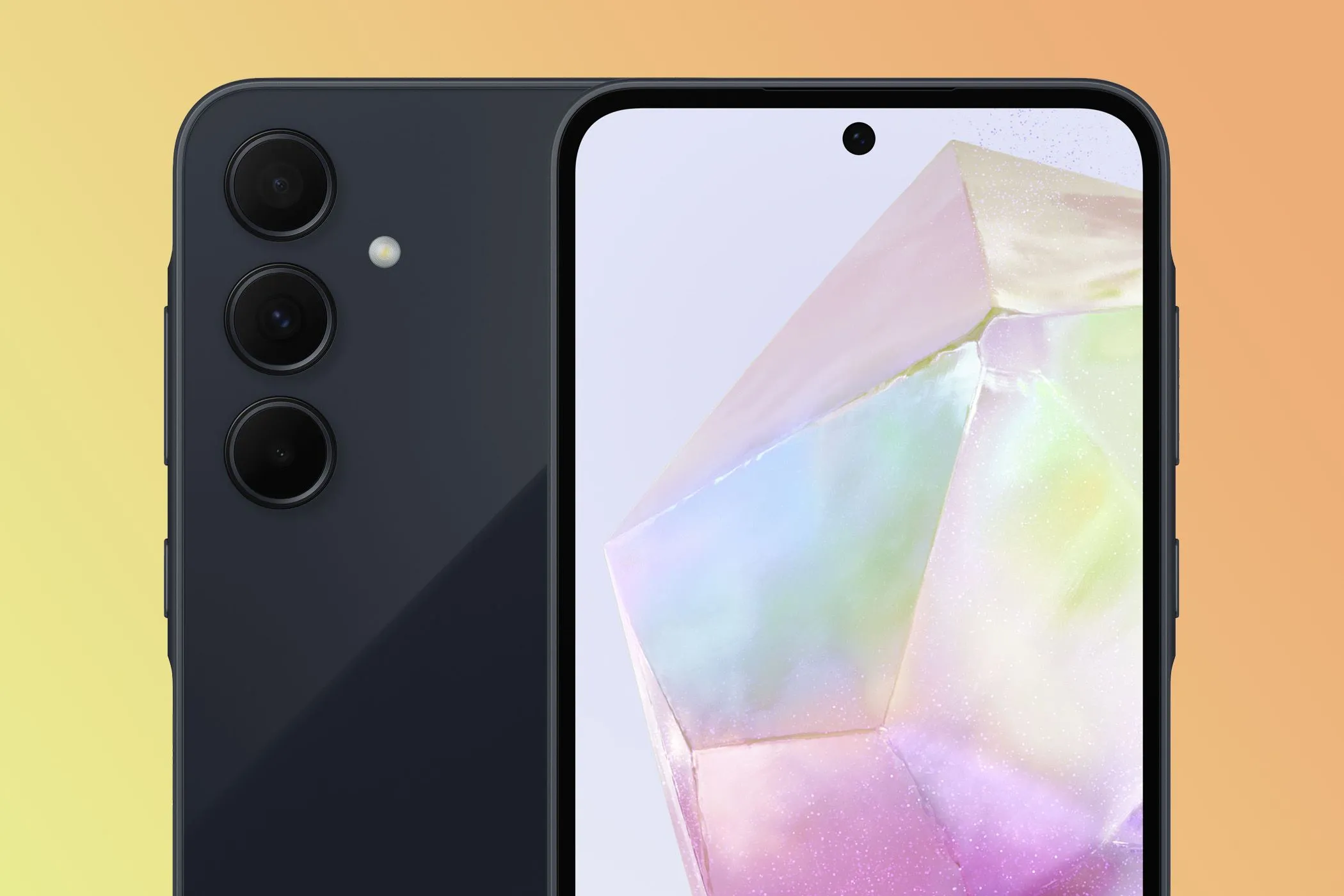 Hình ảnh điện thoại Samsung Galaxy A35 hiển thị mặt trước và sau, cho thấy thiết kế camera hiện đại và viền màn hình tối ưu